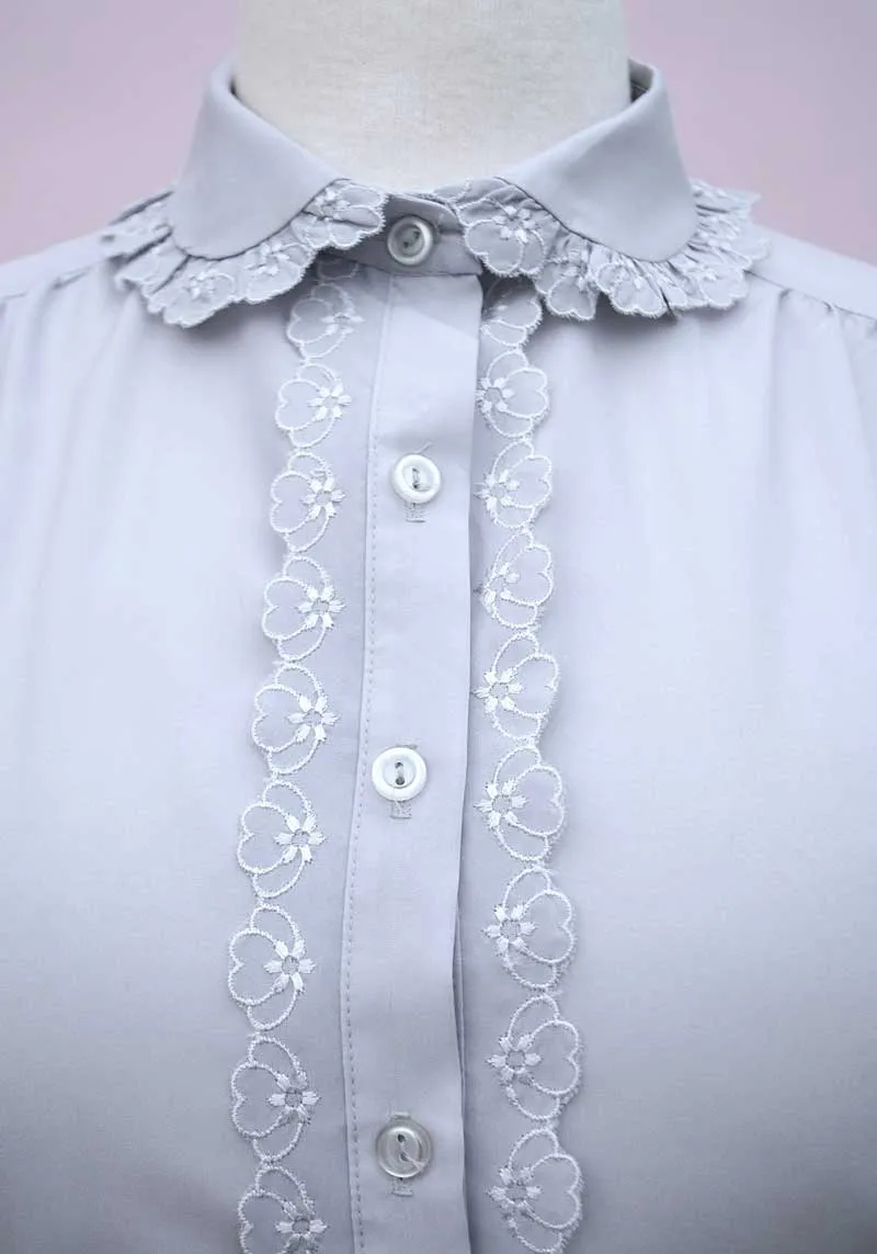 1970s Grey Long Sleeve Frilly Blouse • Secretary