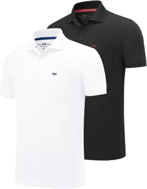 2 Pack Mens Polo Shirts with Pocket Short Sleeve Golf T-Shirt Moisture Wicking Casual Workout Shirts