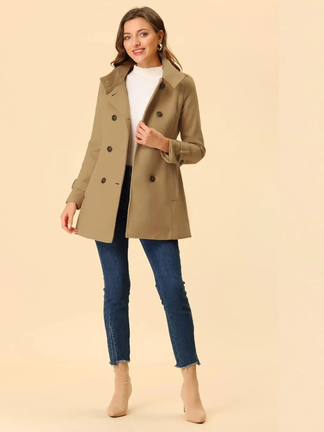 Allegra K Women's Stand Collar Double Breasted Pockets Trendy Outwear Winter Coat with Belt