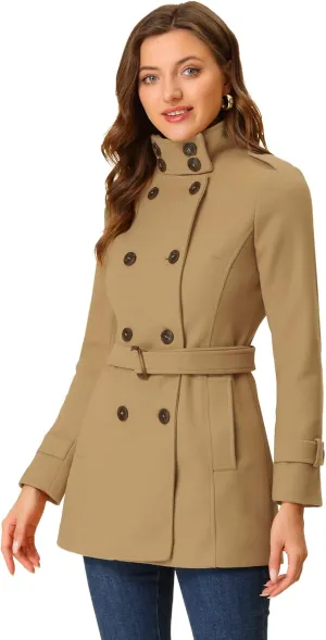 Allegra K Women's Stand Collar Double Breasted Pockets Trendy Outwear Winter Coat with Belt