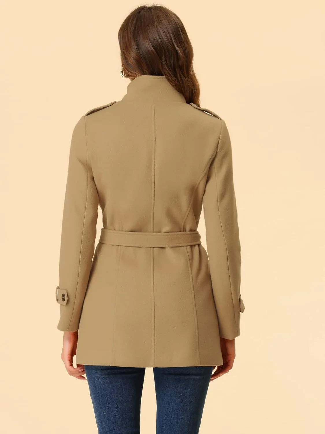 Allegra K Women's Stand Collar Double Breasted Pockets Trendy Outwear Winter Coat with Belt