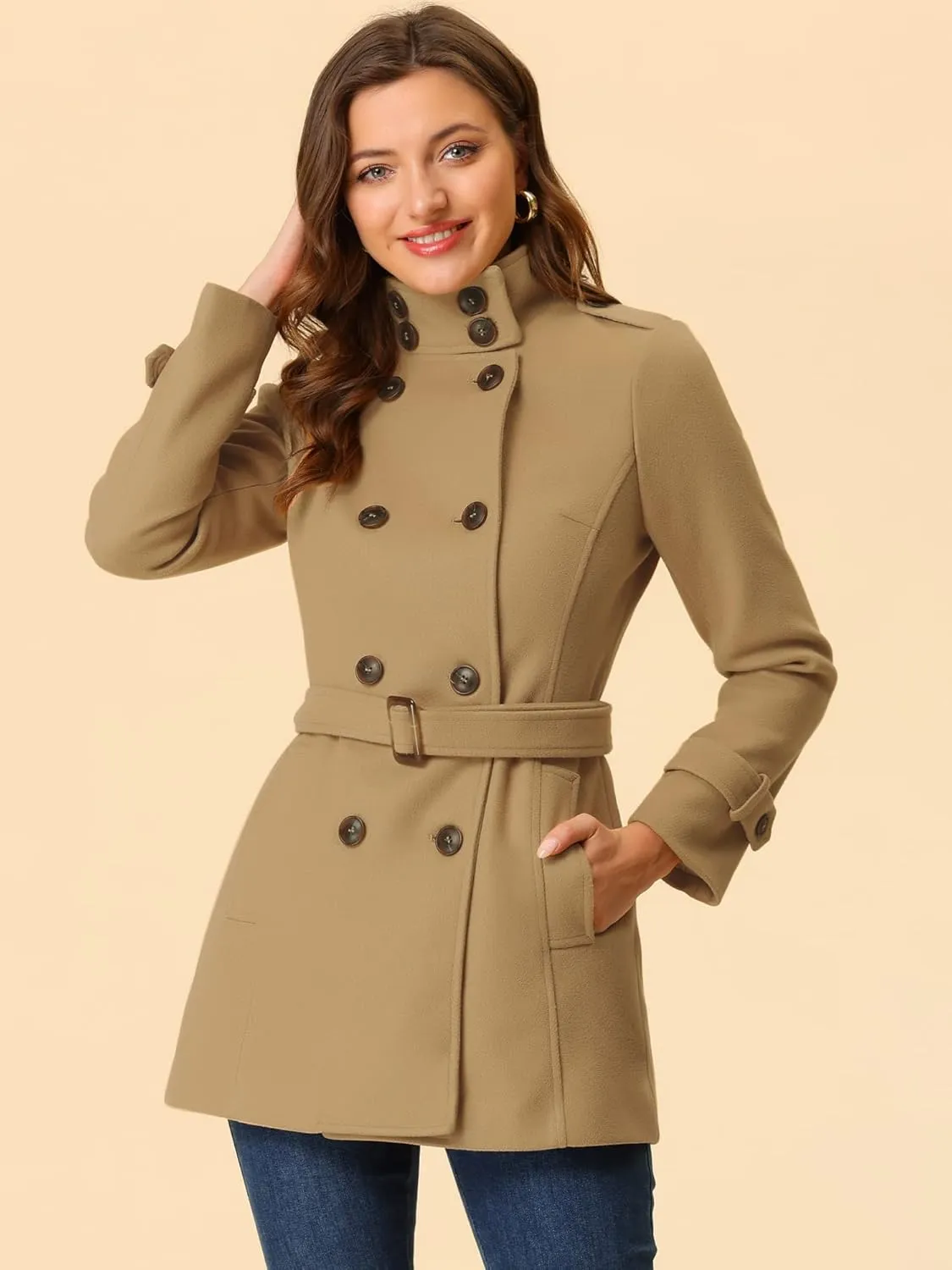 Allegra K Women's Stand Collar Double Breasted Pockets Trendy Outwear Winter Coat with Belt