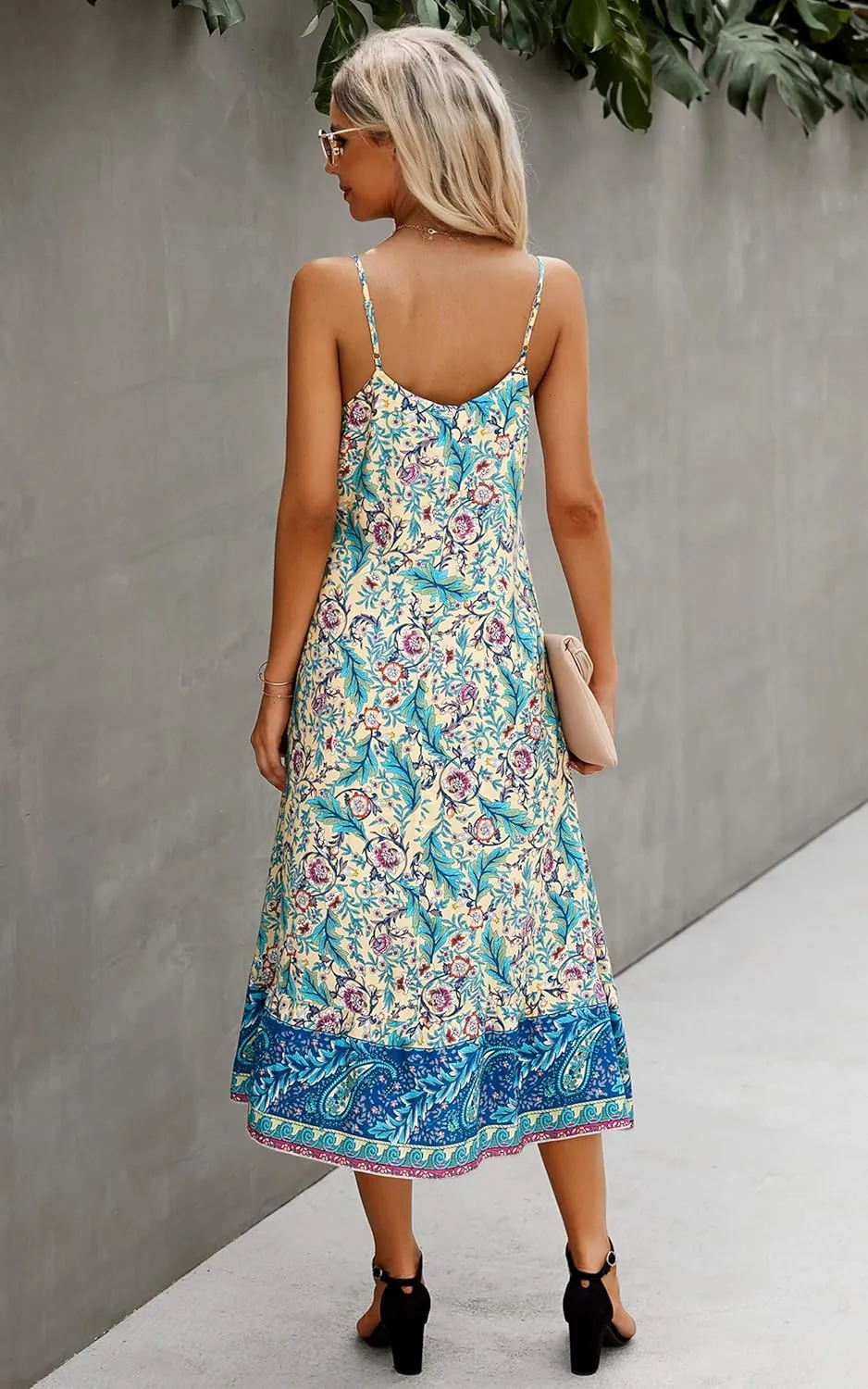Angashion Women's Dresses Floral Adjustable Spaghetti Strap V Neck Boho Long Maxi Dress Summer Beach Flowy Ethnic Sundress