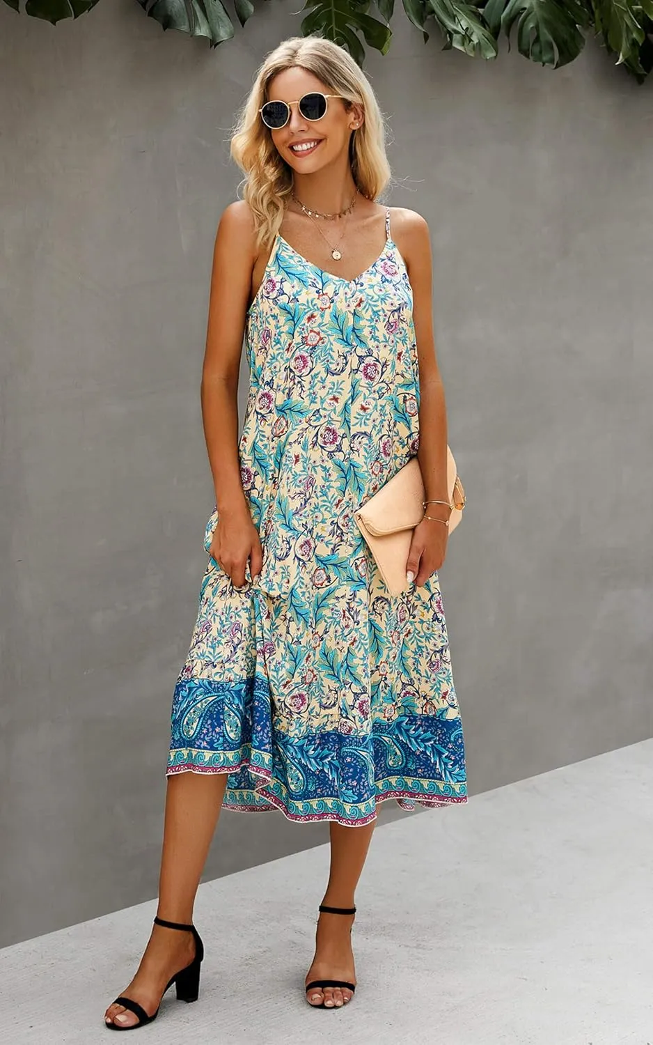 Angashion Women's Dresses Floral Adjustable Spaghetti Strap V Neck Boho Long Maxi Dress Summer Beach Flowy Ethnic Sundress