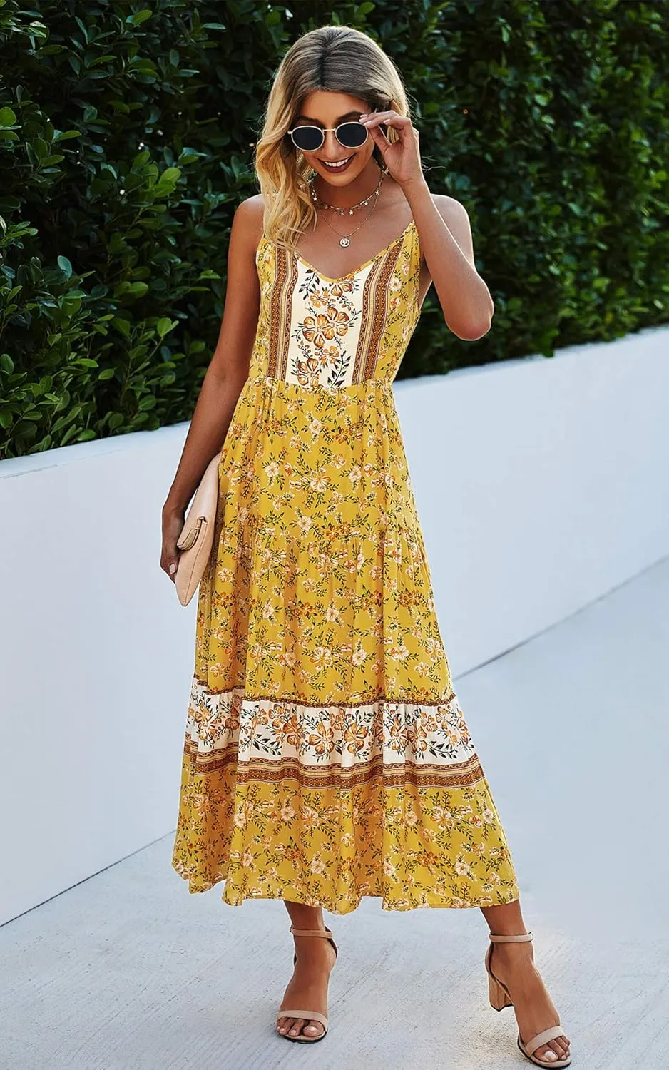 Angashion Women's Dresses Floral Adjustable Spaghetti Strap V Neck Boho Long Maxi Dress Summer Beach Flowy Ethnic Sundress