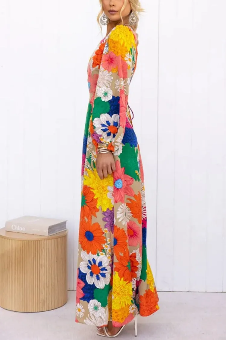 Autumn New Long Sleeve Dopamine Print Lace up Waist Holiday Street Fashion Dress