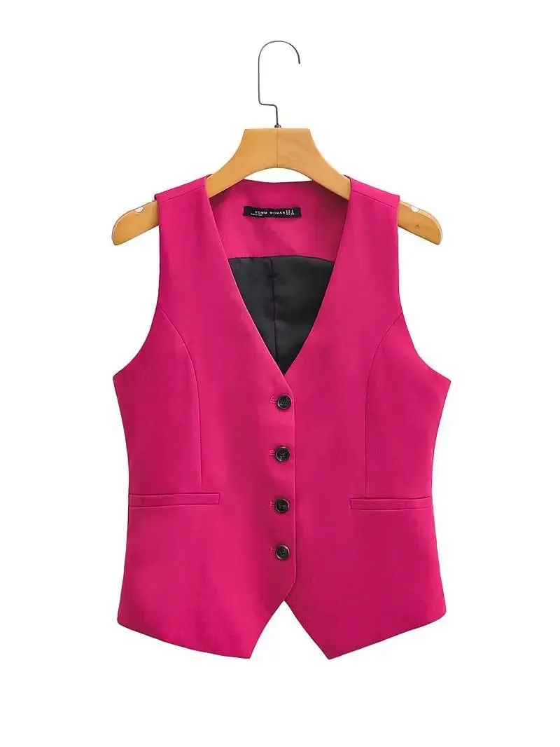 Back To School Joskaa Women Fashion V Neck Sleeveless Pockets Short Vest Jacket Office Lady Single Breasted Casual Slim WaistCoat Tops CT2208