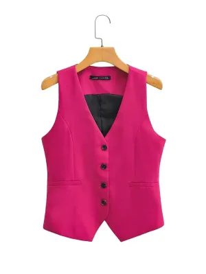Back To School Joskaa Women Fashion V Neck Sleeveless Pockets Short Vest Jacket Office Lady Single Breasted Casual Slim WaistCoat Tops CT2208
