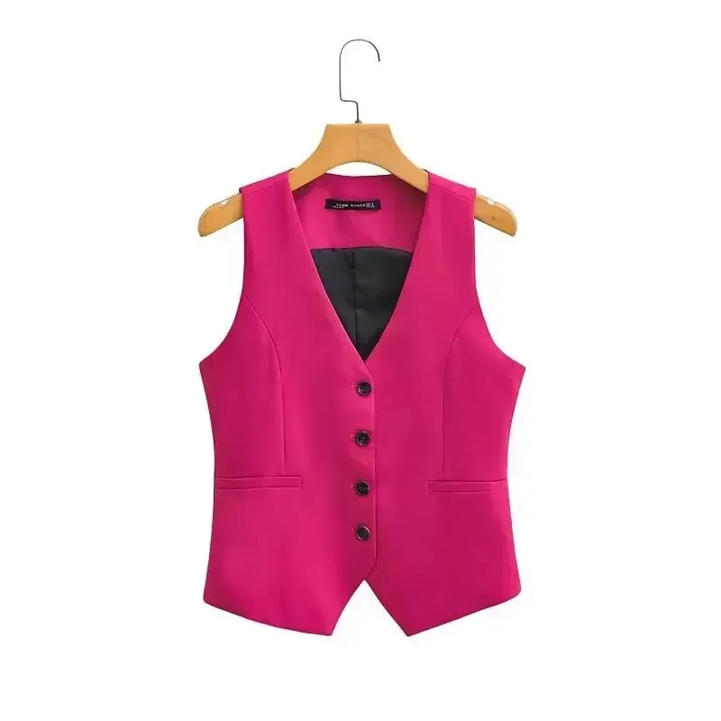 Back To School Joskaa Women Fashion V Neck Sleeveless Pockets Short Vest Jacket Office Lady Single Breasted Casual Slim WaistCoat Tops CT2208