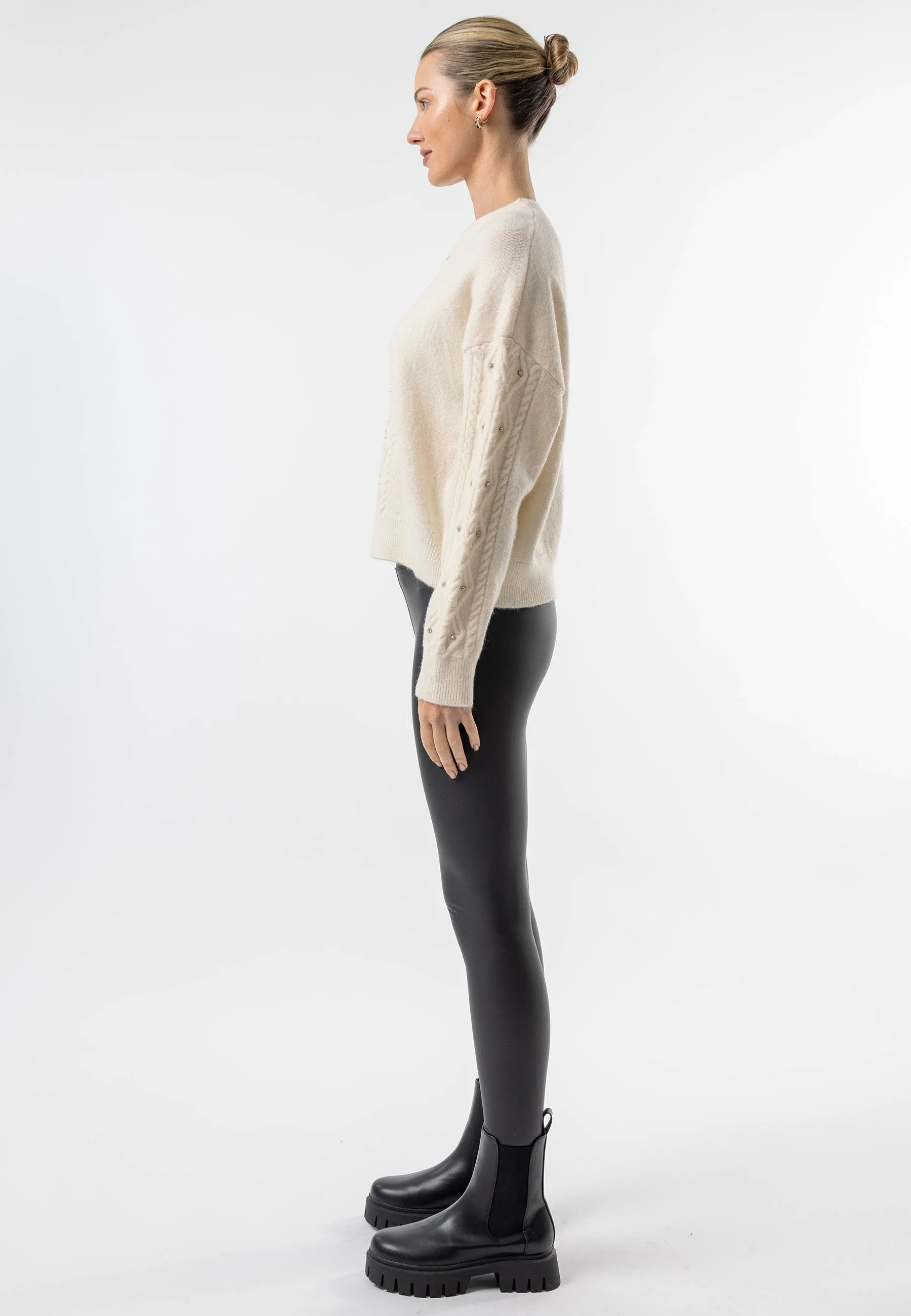 Cable Knit Gem Detail White Jumper