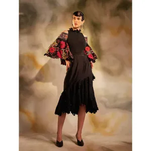 CHANDRIMA Black Cold Shoulder Bell Sleeves Top