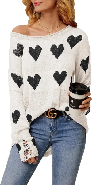 Chang Yun Women Off Shoulder Knitted Pullovers Sweater Loose Long Sleeve Hearts Printed Ripped Tops
