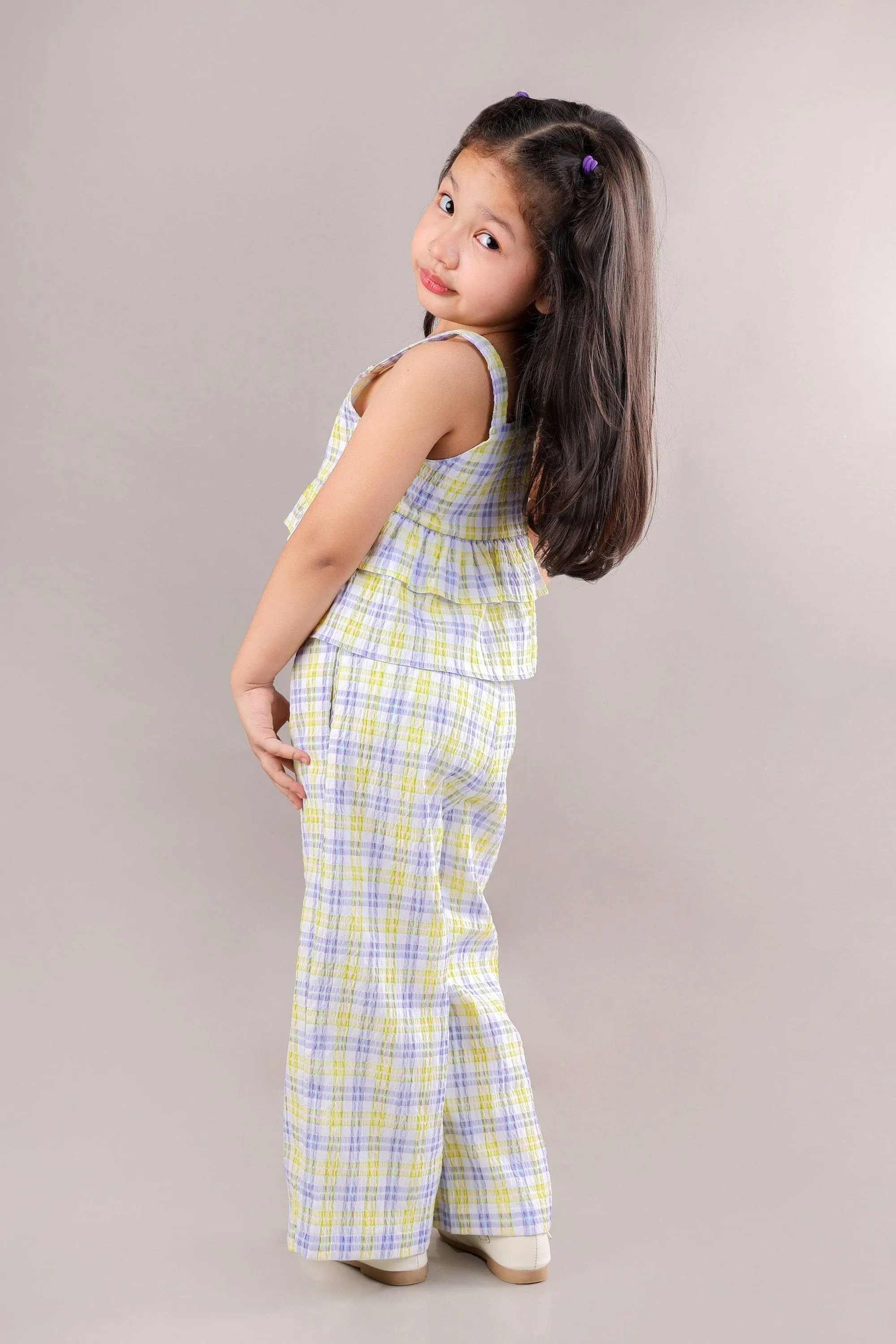 Checkered Top Layered Top with Pant-Yellow/Blue