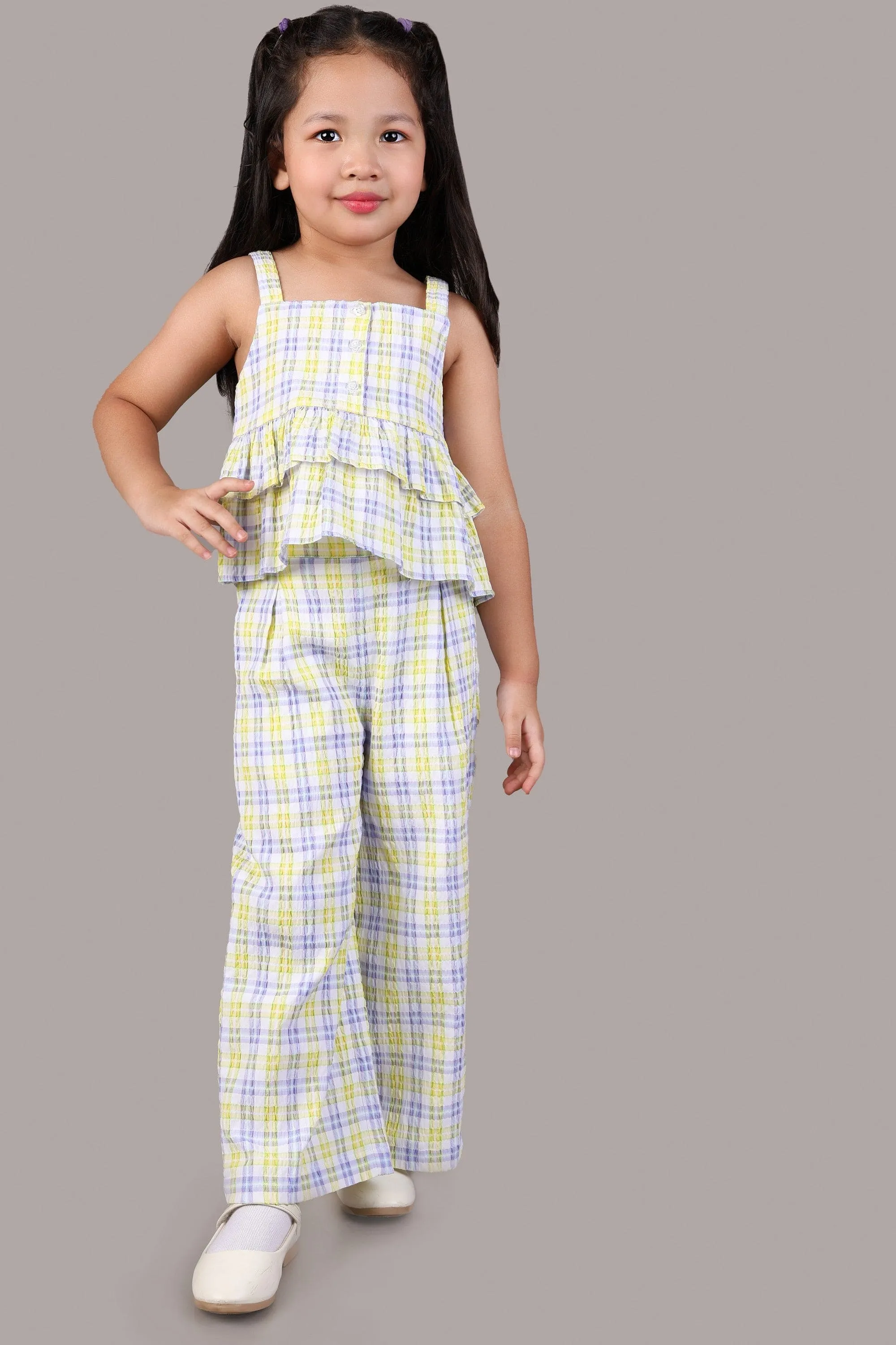 Checkered Top Layered Top with Pant-Yellow/Blue