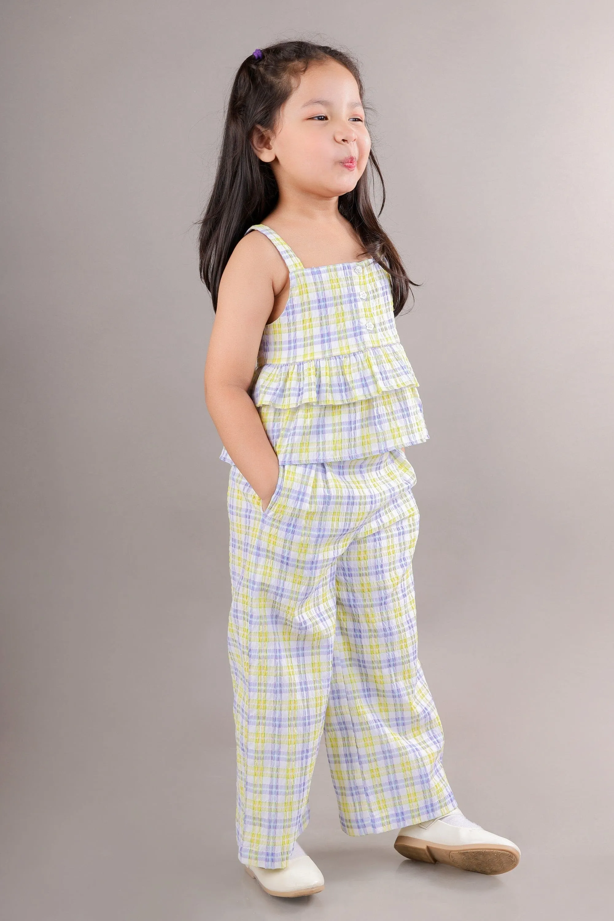 Checkered Top Layered Top with Pant-Yellow/Blue