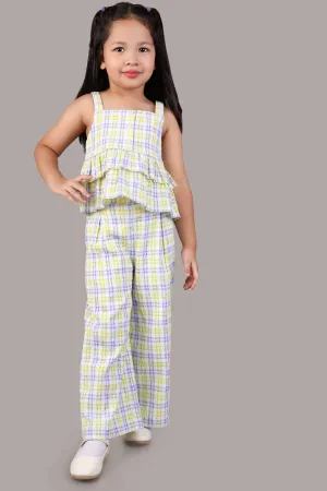 Checkered Top Layered Top with Pant-Yellow/Blue