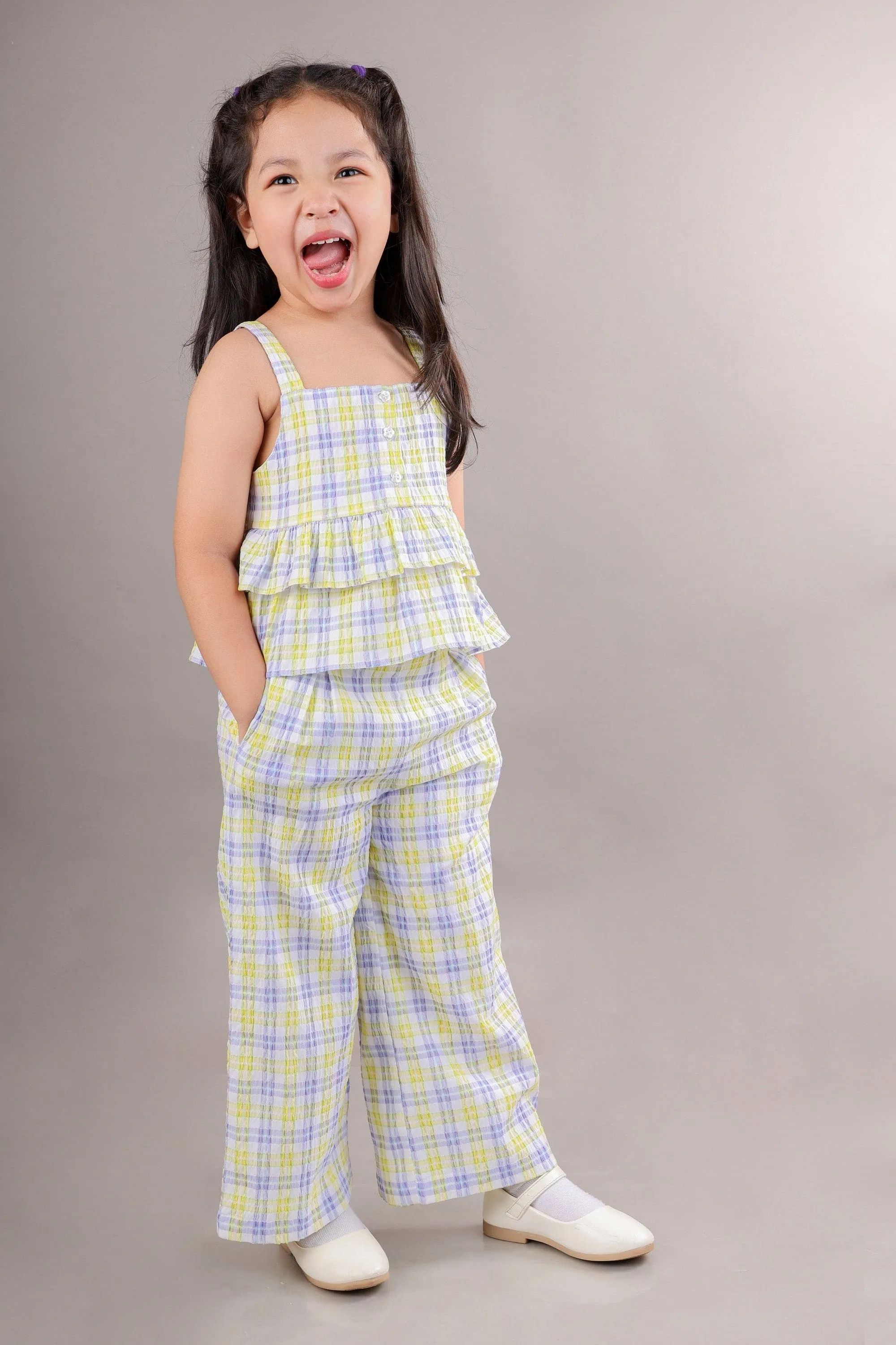 Checkered Top Layered Top with Pant-Yellow/Blue
