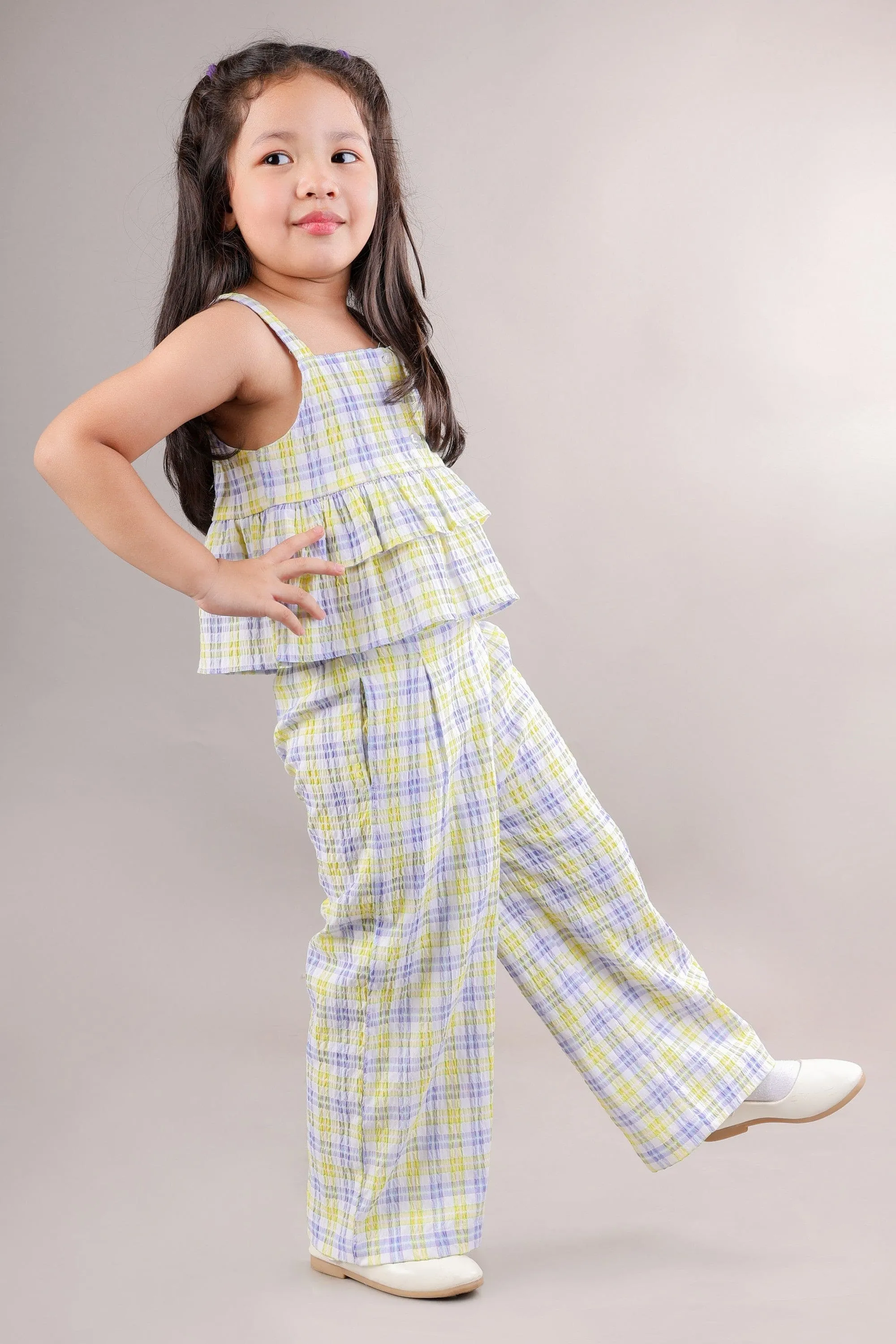 Checkered Top Layered Top with Pant-Yellow/Blue