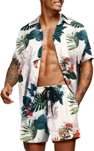 COOFANDY Men's Hawaiian Matching Set Summer Beach 2 Piece Outfits Flower Button Down Shirts and Shorts Vacation Outfits