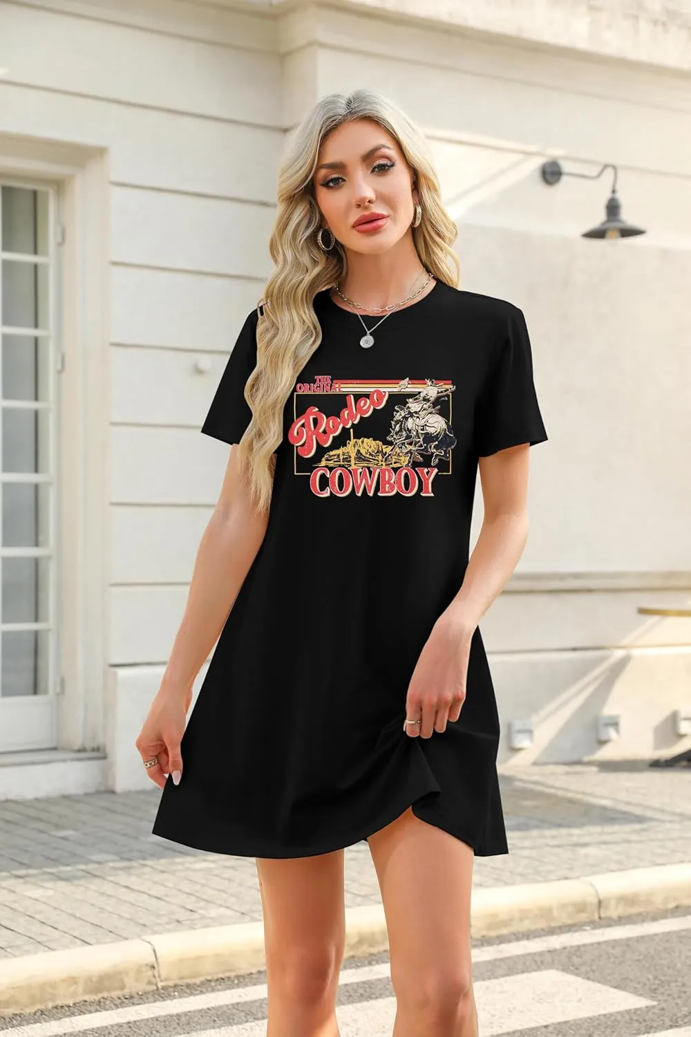 Cowgirl Western Dress for Women Rodeo Cowboy Graphic Tees Vintage Country Western Outfits Casual Short Sleeve Dresses