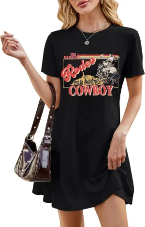Cowgirl Western Dress for Women Rodeo Cowboy Graphic Tees Vintage Country Western Outfits Casual Short Sleeve Dresses
