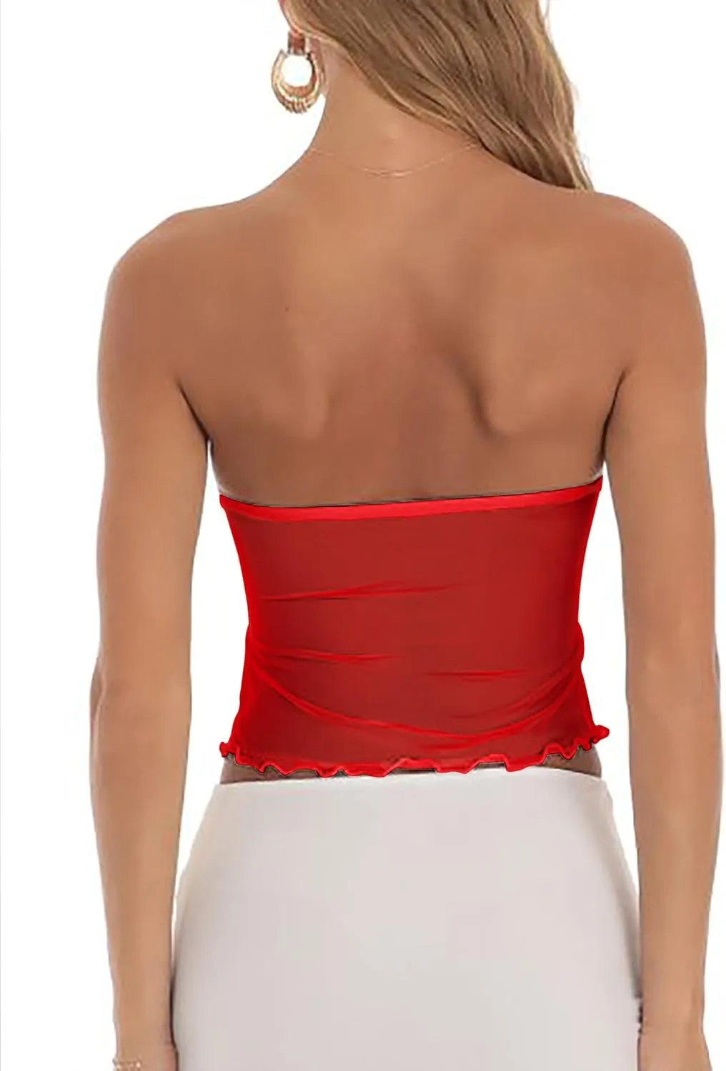 CSDAJIO Women's Sheer Mesh Twist Split Front Asymmetrical Tube Top Strapless Bandeau Crop Top Backless Shirt