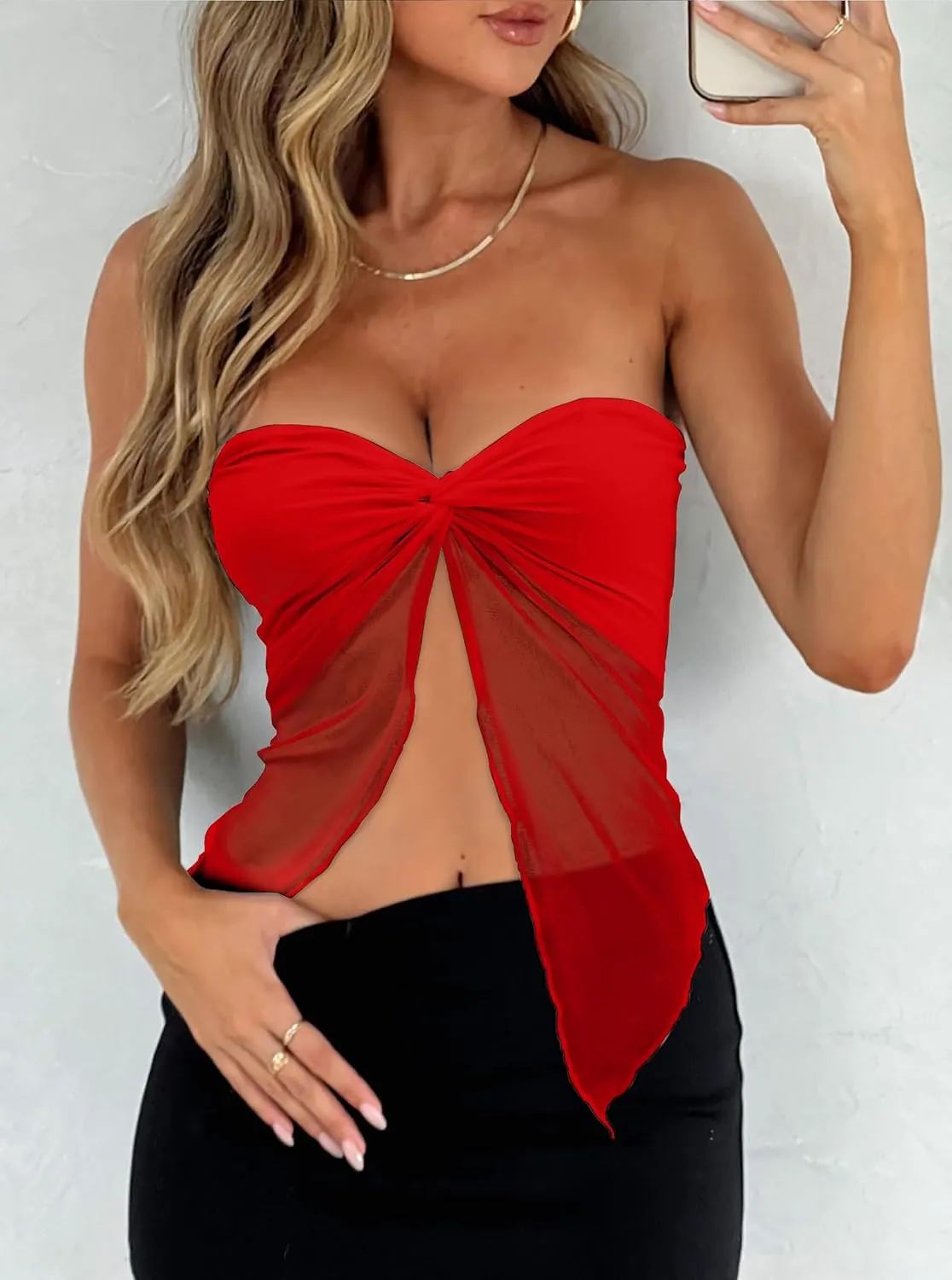 CSDAJIO Women's Sheer Mesh Twist Split Front Asymmetrical Tube Top Strapless Bandeau Crop Top Backless Shirt