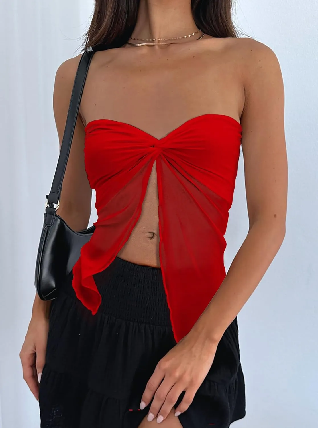 CSDAJIO Women's Sheer Mesh Twist Split Front Asymmetrical Tube Top Strapless Bandeau Crop Top Backless Shirt