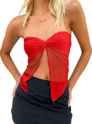 CSDAJIO Women's Sheer Mesh Twist Split Front Asymmetrical Tube Top Strapless Bandeau Crop Top Backless Shirt