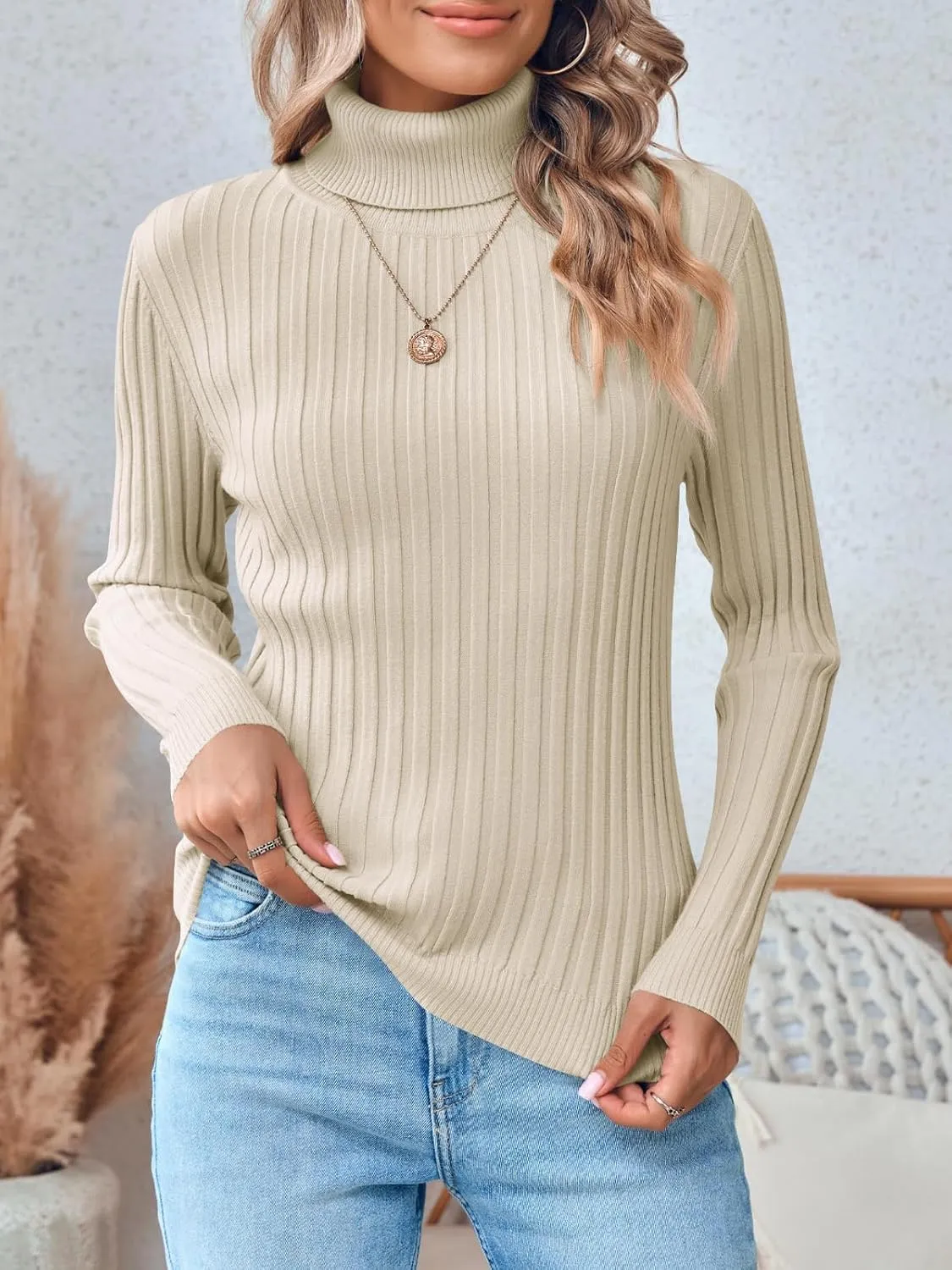 Danedvi Women's Turtleneck Ribbed Knit Pullover Sweaters Fall Long Sleeve Soft Classic Fitted Sweater Tops