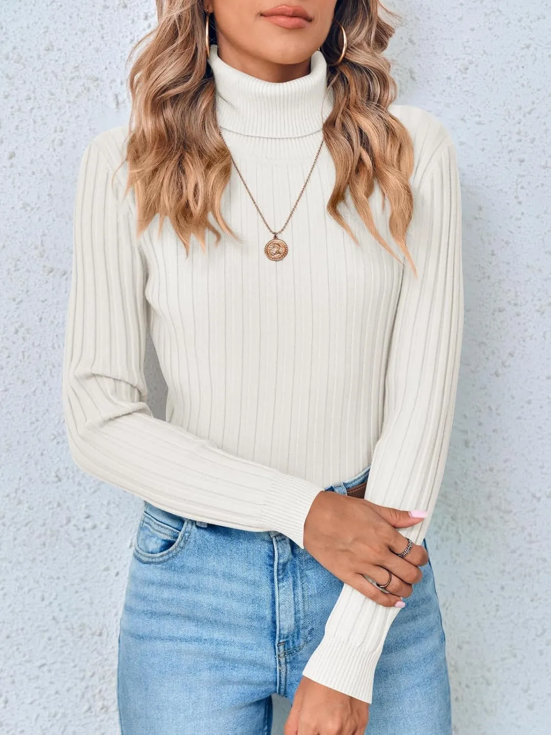 Danedvi Women's Turtleneck Ribbed Knit Pullover Sweaters Fall Long Sleeve Soft Classic Fitted Sweater Tops