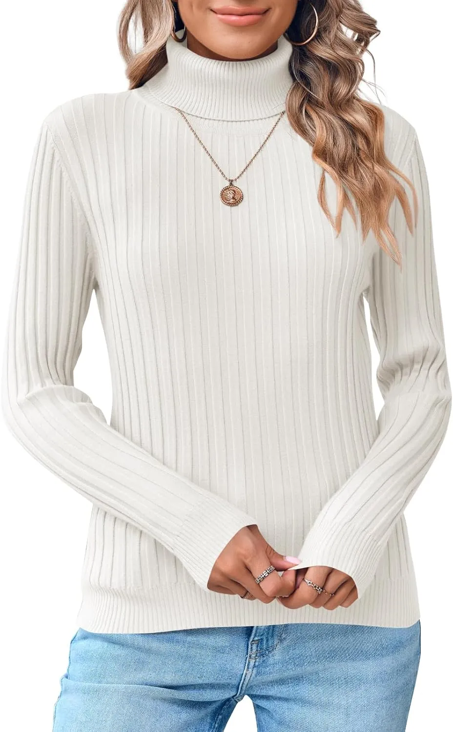 Danedvi Women's Turtleneck Ribbed Knit Pullover Sweaters Fall Long Sleeve Soft Classic Fitted Sweater Tops