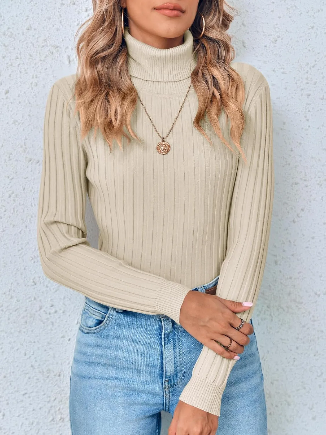 Danedvi Women's Turtleneck Ribbed Knit Pullover Sweaters Fall Long Sleeve Soft Classic Fitted Sweater Tops