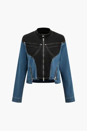 Denim Patchwork Pocket Zipper Outerwear