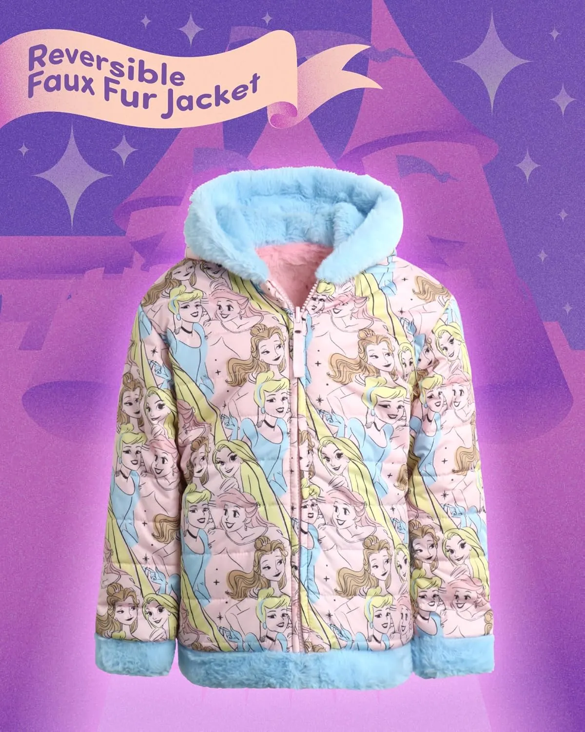 Disney Girls' Reversible Puffer Jacket - Princess, Minnie Mouse Quilted Jacket with Cozy Faux Fur Plush Sherpa Lining (2T-16)