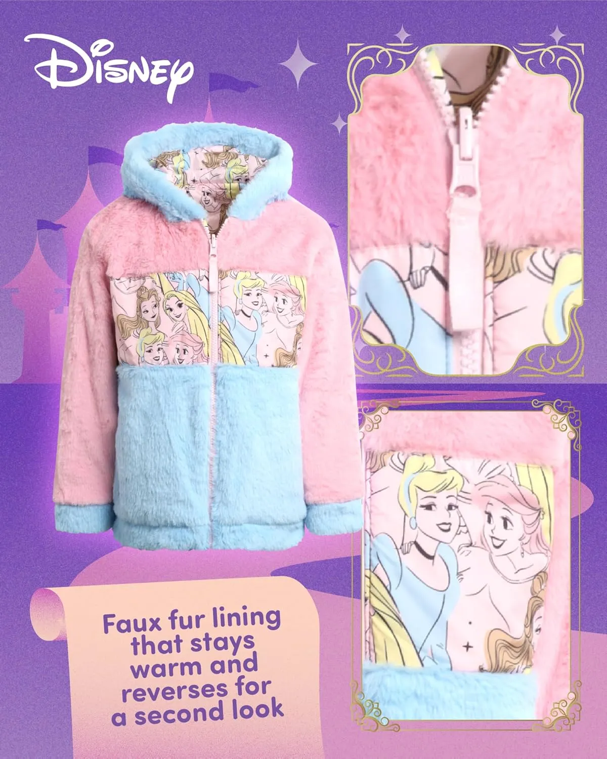 Disney Girls' Reversible Puffer Jacket - Princess, Minnie Mouse Quilted Jacket with Cozy Faux Fur Plush Sherpa Lining (2T-16)