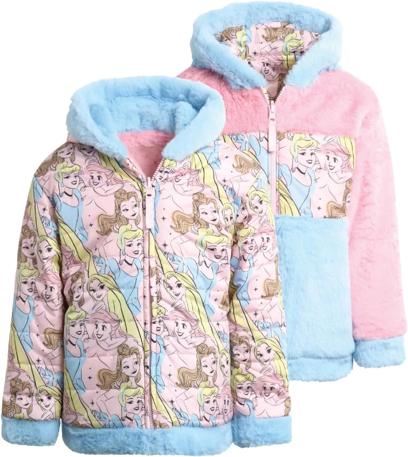 Disney Girls' Reversible Puffer Jacket - Princess, Minnie Mouse Quilted Jacket with Cozy Faux Fur Plush Sherpa Lining (2T-16)