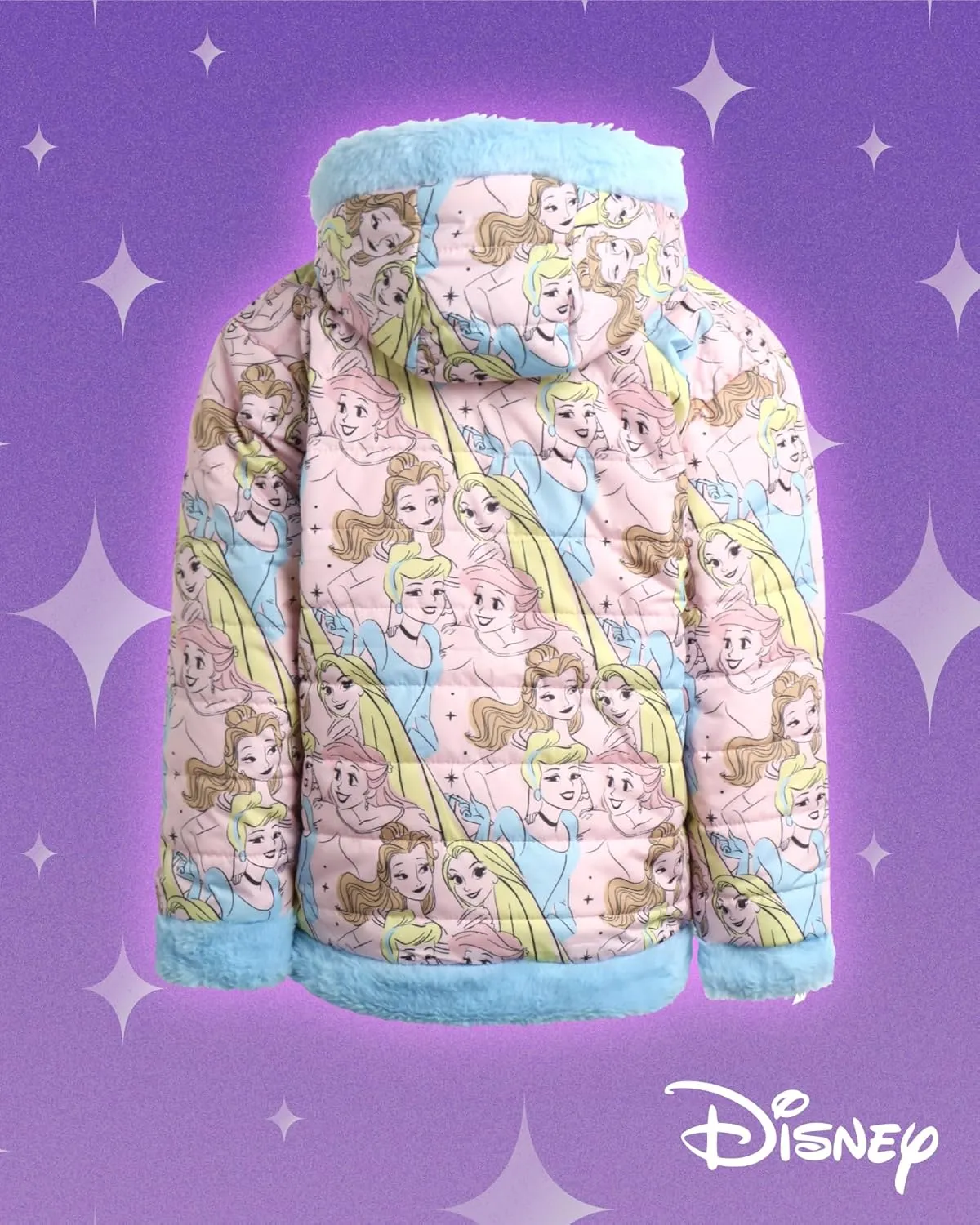 Disney Girls' Reversible Puffer Jacket - Princess, Minnie Mouse Quilted Jacket with Cozy Faux Fur Plush Sherpa Lining (2T-16)