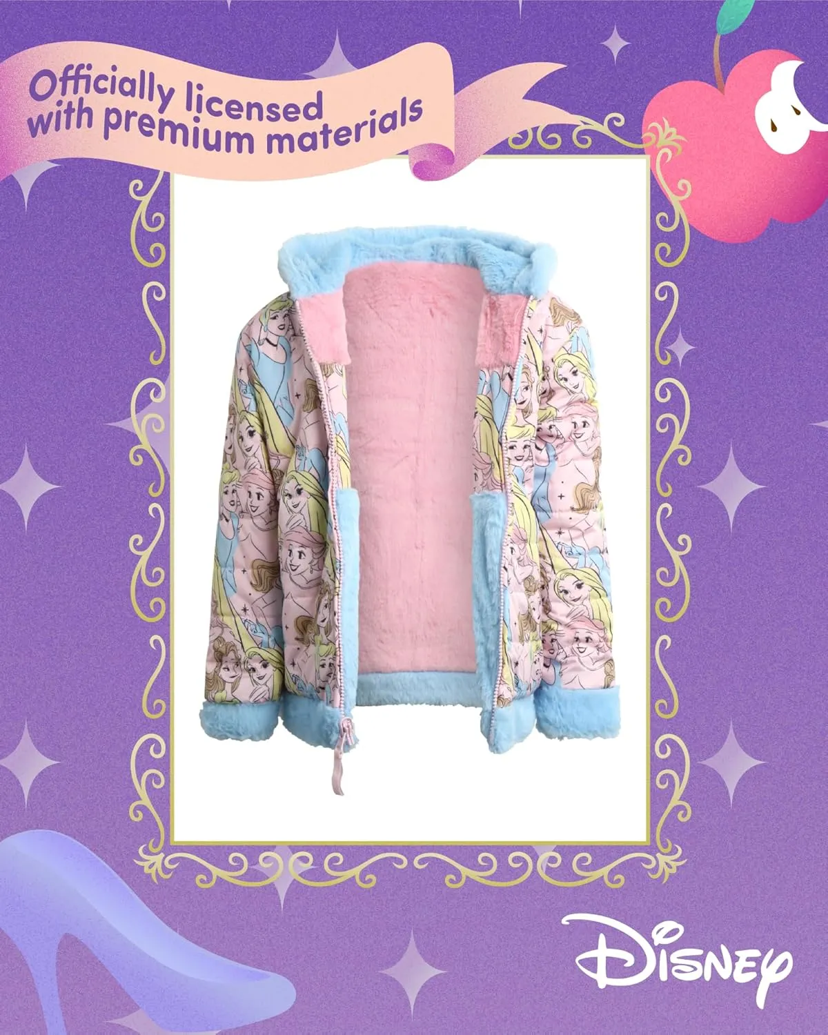 Disney Girls' Reversible Puffer Jacket - Princess, Minnie Mouse Quilted Jacket with Cozy Faux Fur Plush Sherpa Lining (2T-16)