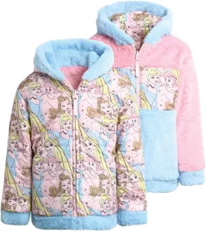 Disney Girls' Reversible Puffer Jacket - Princess, Minnie Mouse Quilted Jacket with Cozy Faux Fur Plush Sherpa Lining (2T-16)