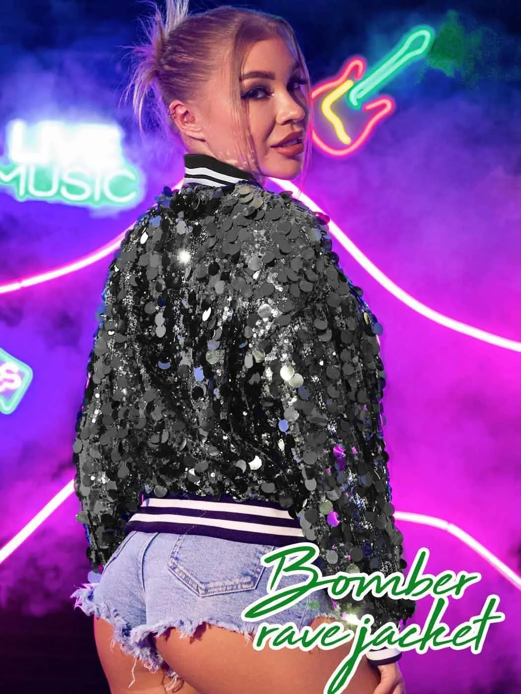 EASEDAILY Women's Dot Sequin Jacket Sparkly Long Sleeve Coat Disco Zip Bomber Jackets Nightclub Cropped Blazer with Pockets