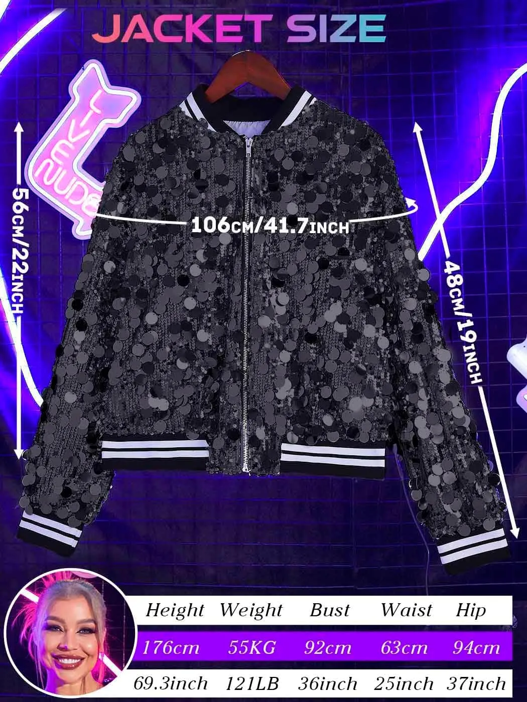 EASEDAILY Women's Dot Sequin Jacket Sparkly Long Sleeve Coat Disco Zip Bomber Jackets Nightclub Cropped Blazer with Pockets