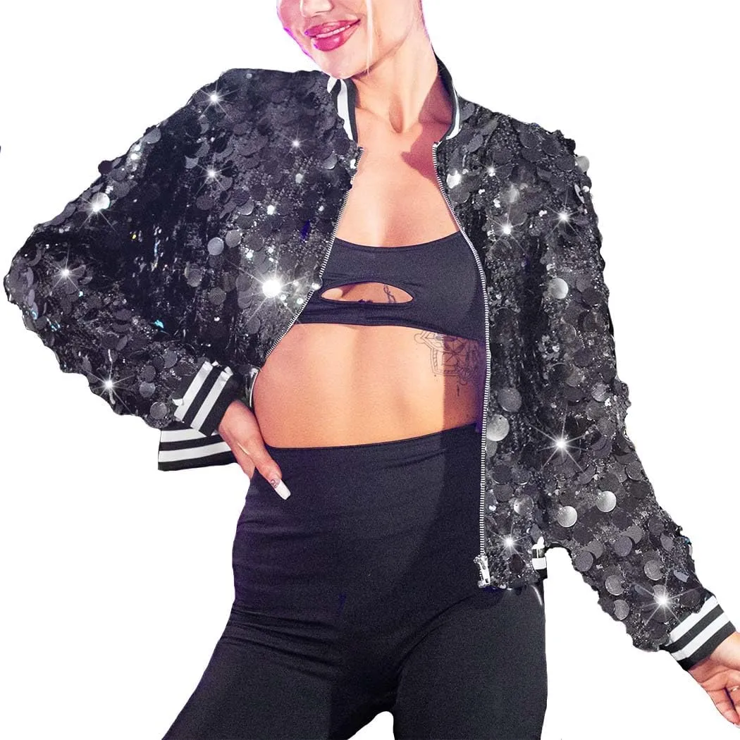 EASEDAILY Women's Dot Sequin Jacket Sparkly Long Sleeve Coat Disco Zip Bomber Jackets Nightclub Cropped Blazer with Pockets
