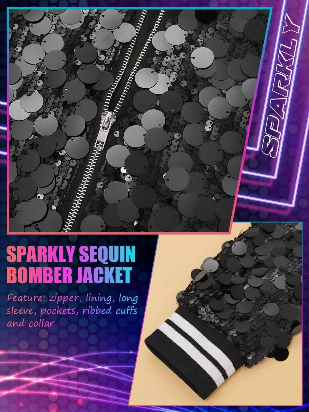 EASEDAILY Women's Dot Sequin Jacket Sparkly Long Sleeve Coat Disco Zip Bomber Jackets Nightclub Cropped Blazer with Pockets