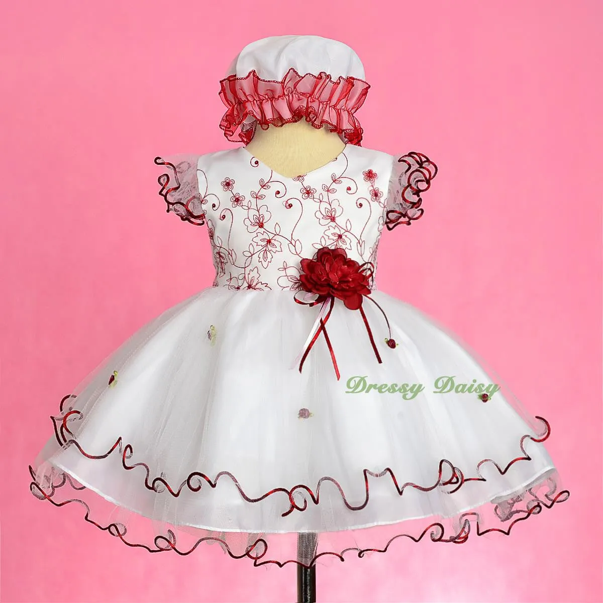 FG324 Scallop Hemline Pageant Birthday Occasion Dresses w/ Bonnet Baby Size 9-24 Months