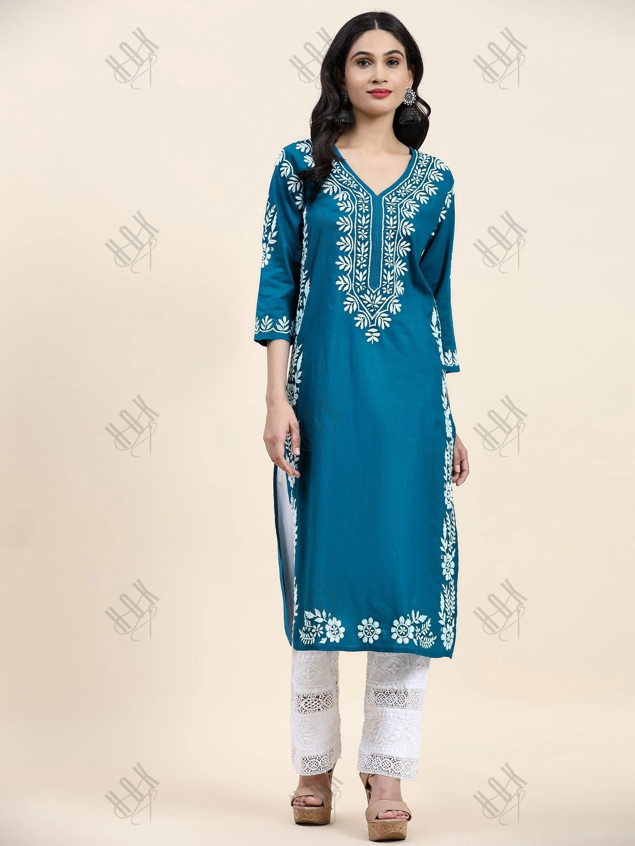 Fizaa Chikankari Long Kurta in Cotton for Women- Turquoise Blue