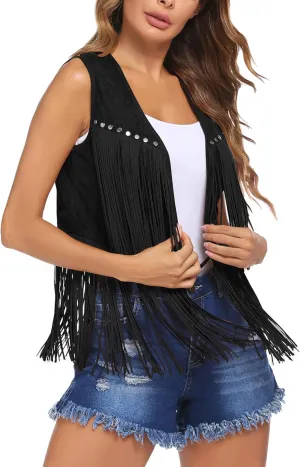 HOTLOOX Womens Fringe Vest 70s Hippie Clothes Sleeveless Faux Suede Tassel Cowgirl Western Outfits S-XXL