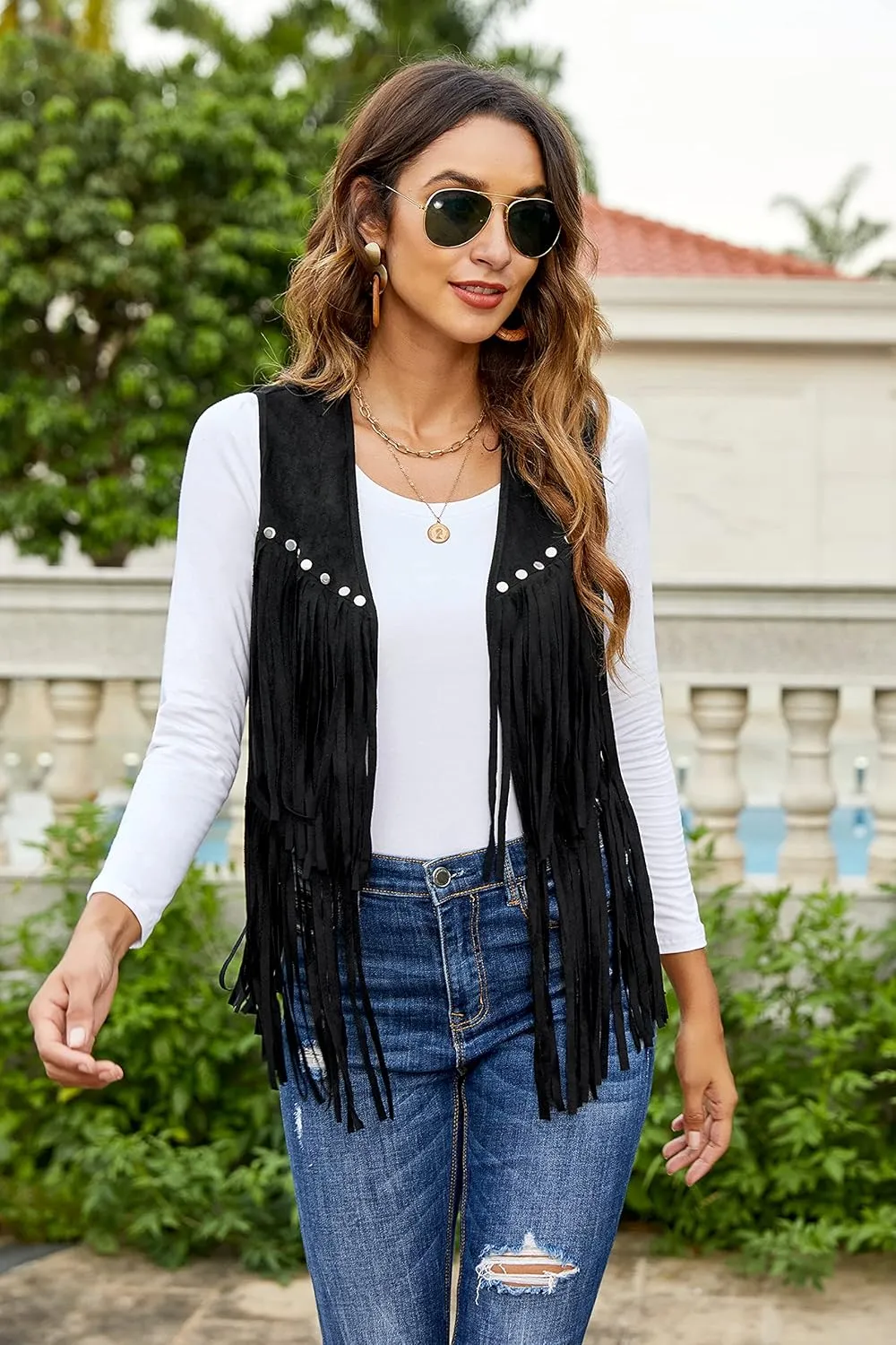 HOTLOOX Womens Fringe Vest 70s Hippie Clothes Sleeveless Faux Suede Tassel Cowgirl Western Outfits S-XXL
