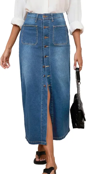 Jean Skirt for Women Denim Skirt High Waist Stretch Midi Denim Skirts with Pockets