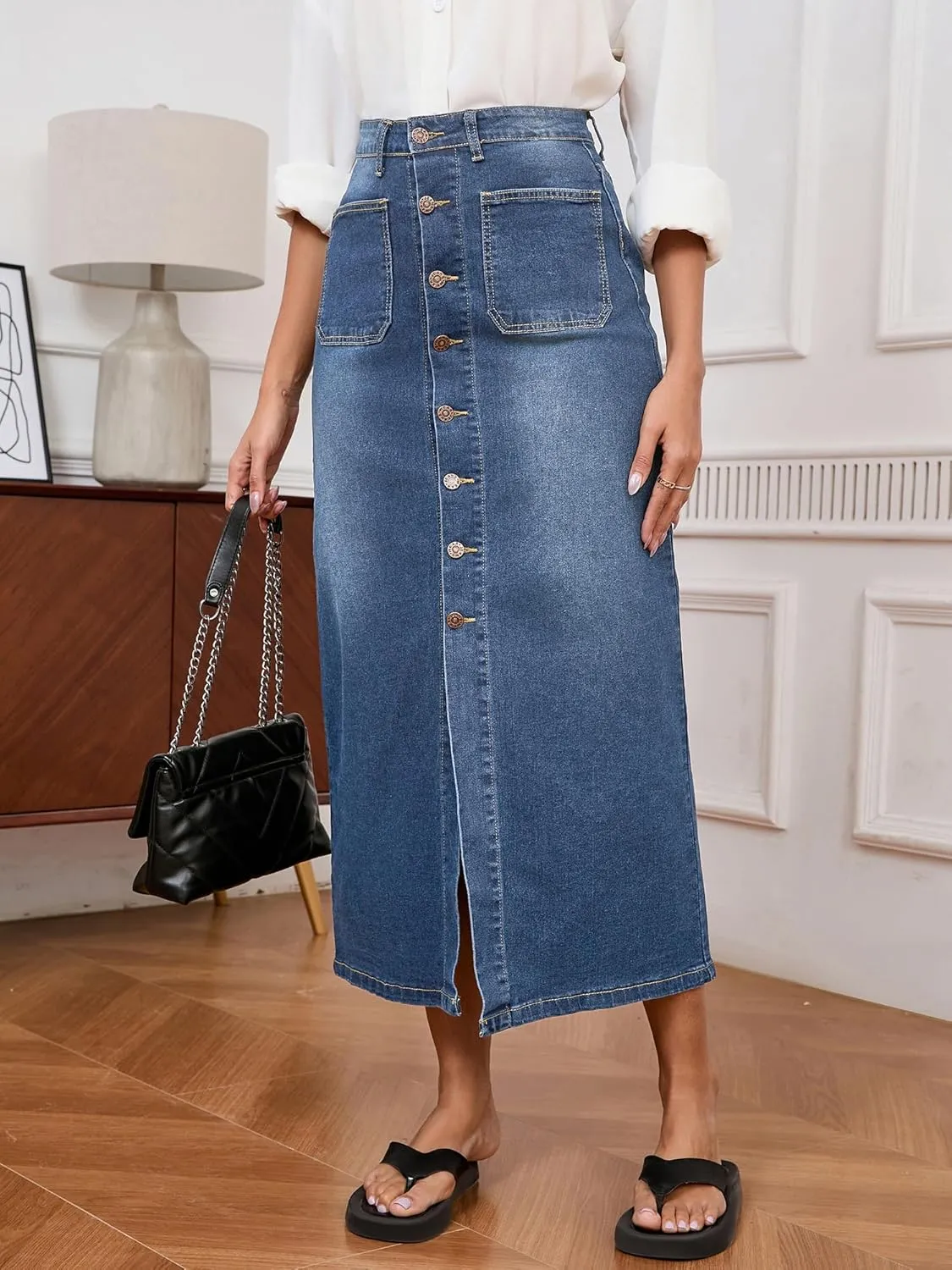 Jean Skirt for Women Denim Skirt High Waist Stretch Midi Denim Skirts with Pockets